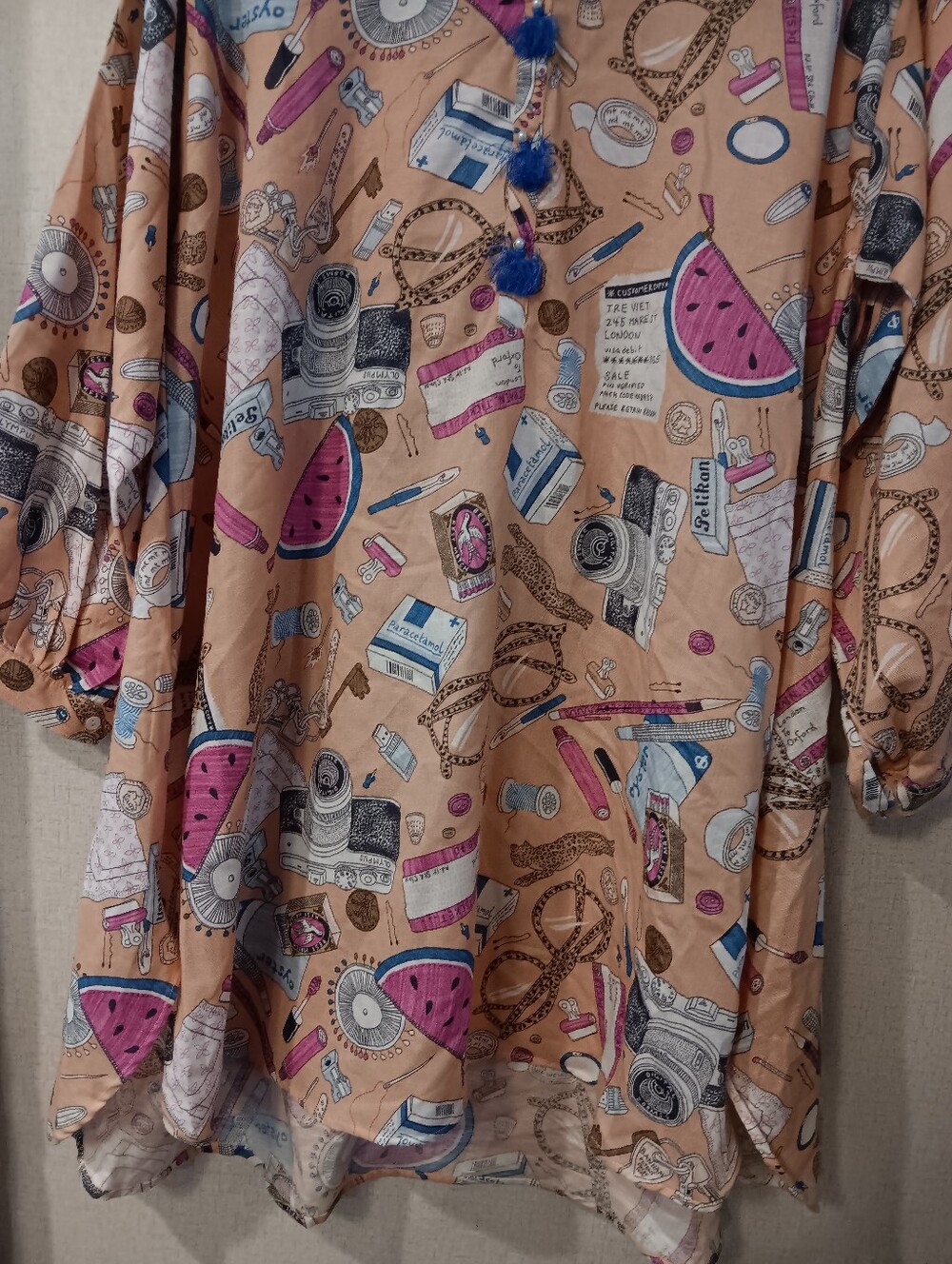 Nishat Pret Beige Printed Mini Dress with Pink Accents Sz 8 - Picture 2 of 4